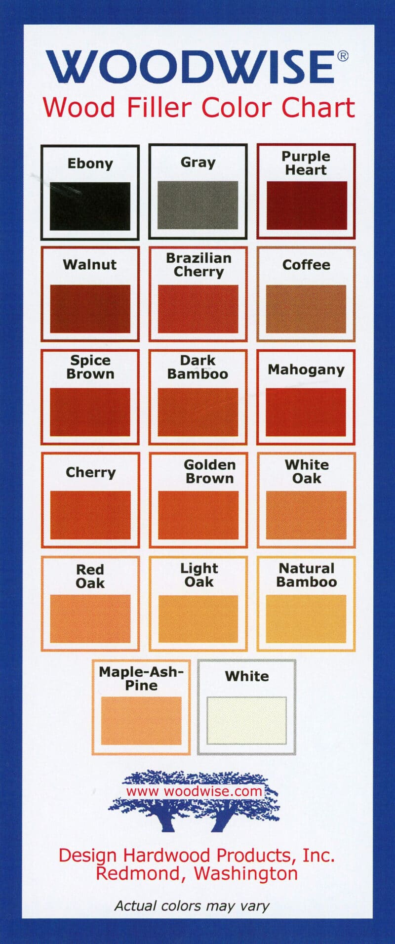 woodwise wood filler color chart