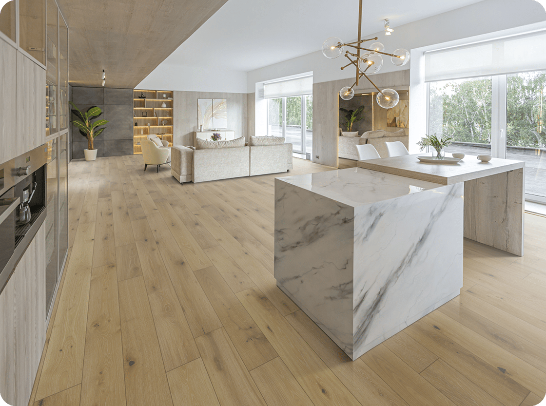 Beautiful Hardwood Flooring in Kitchen and Living room