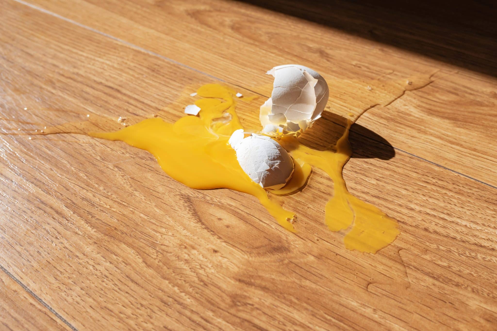 Waterproof hardwood cracked egg on floor