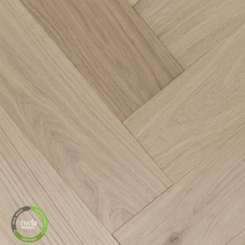 The Castillian Premier Herringbone collection, White Oak Natural floor, finely selected from Vietnam, is an artistically crafted example of engineered hardwood flooring.