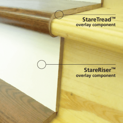 Demonstrates the StareCasing hardwood stair overlay system with the StareTread stair treads and StareRiser stair riser