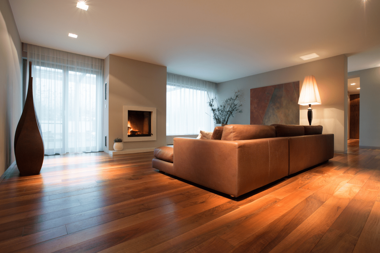 orange hardwood floors with beige wall color