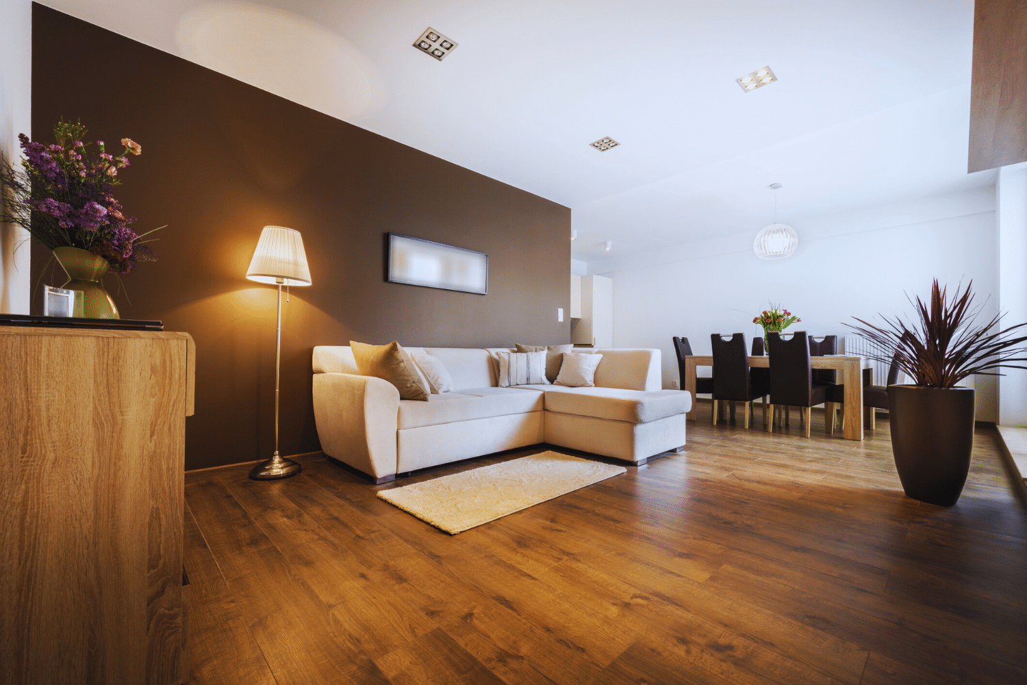 orange hardwood floors with light and dark walls