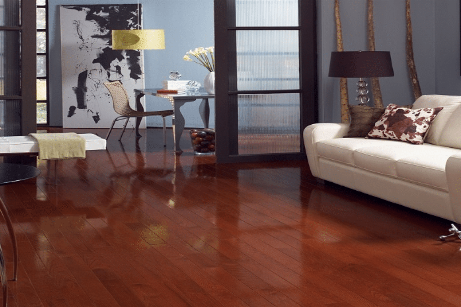 red hardwood floors with gray blue walls