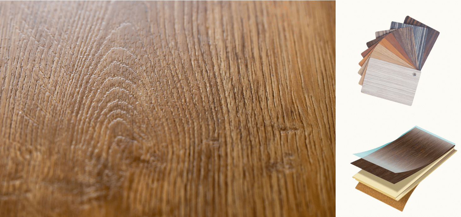 a quick and easy vinyl flooring thickness guide main image with close up of flooring, the layers broken down, and vinyl options