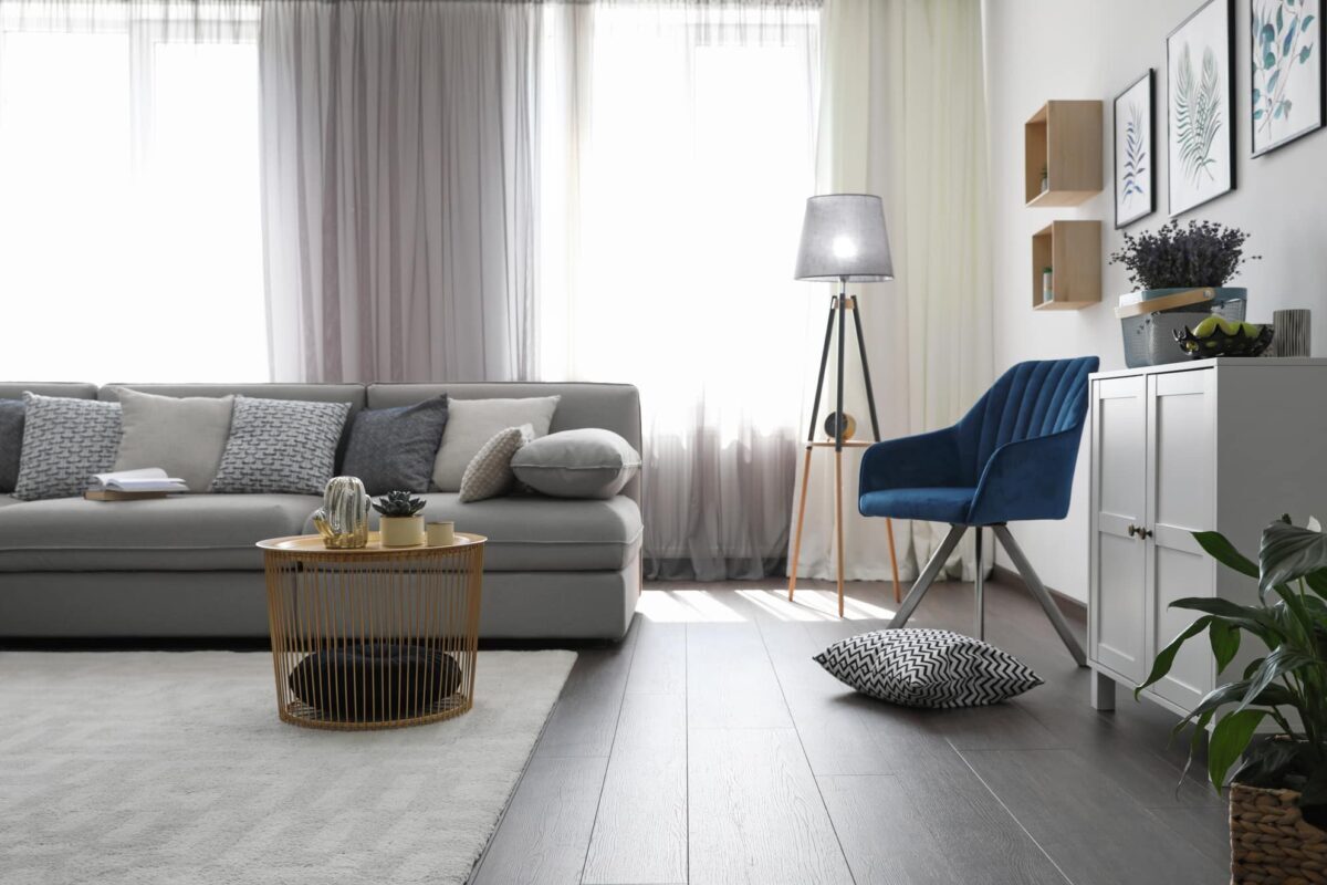 modern living room interior design with gray luxury vinyl planks
