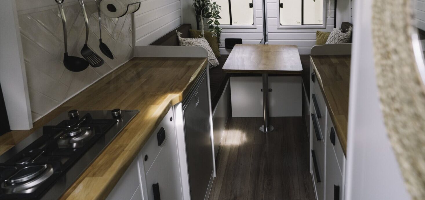 dark brown wood luxury vinyl flooring in a modern camper
