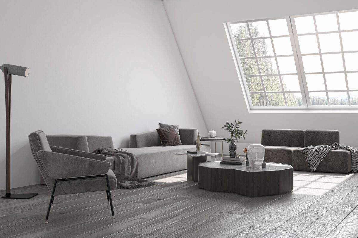 living room with gray flooring and a large window