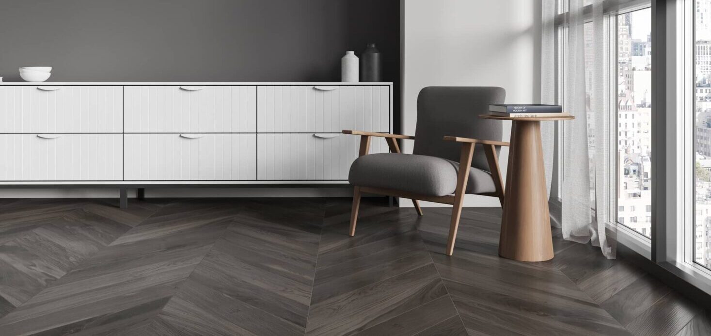modern living room with gray herringbone flooring