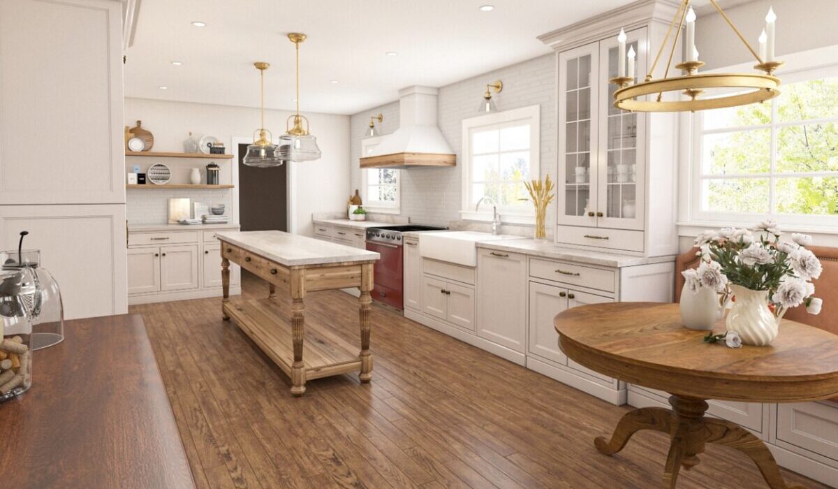 a contemporary kitchen with white cabinets and natural wood floors