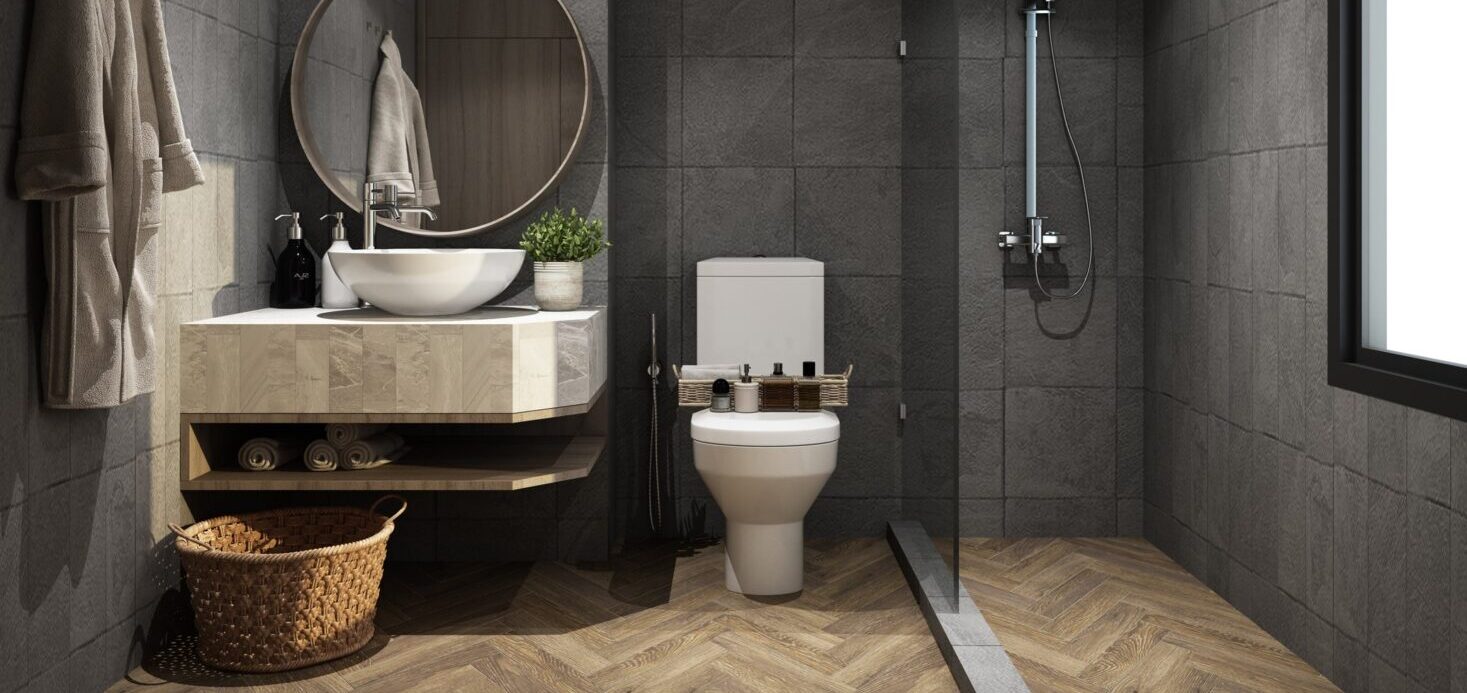 modern bathroom with wood-look luxury vinyl plank flooring