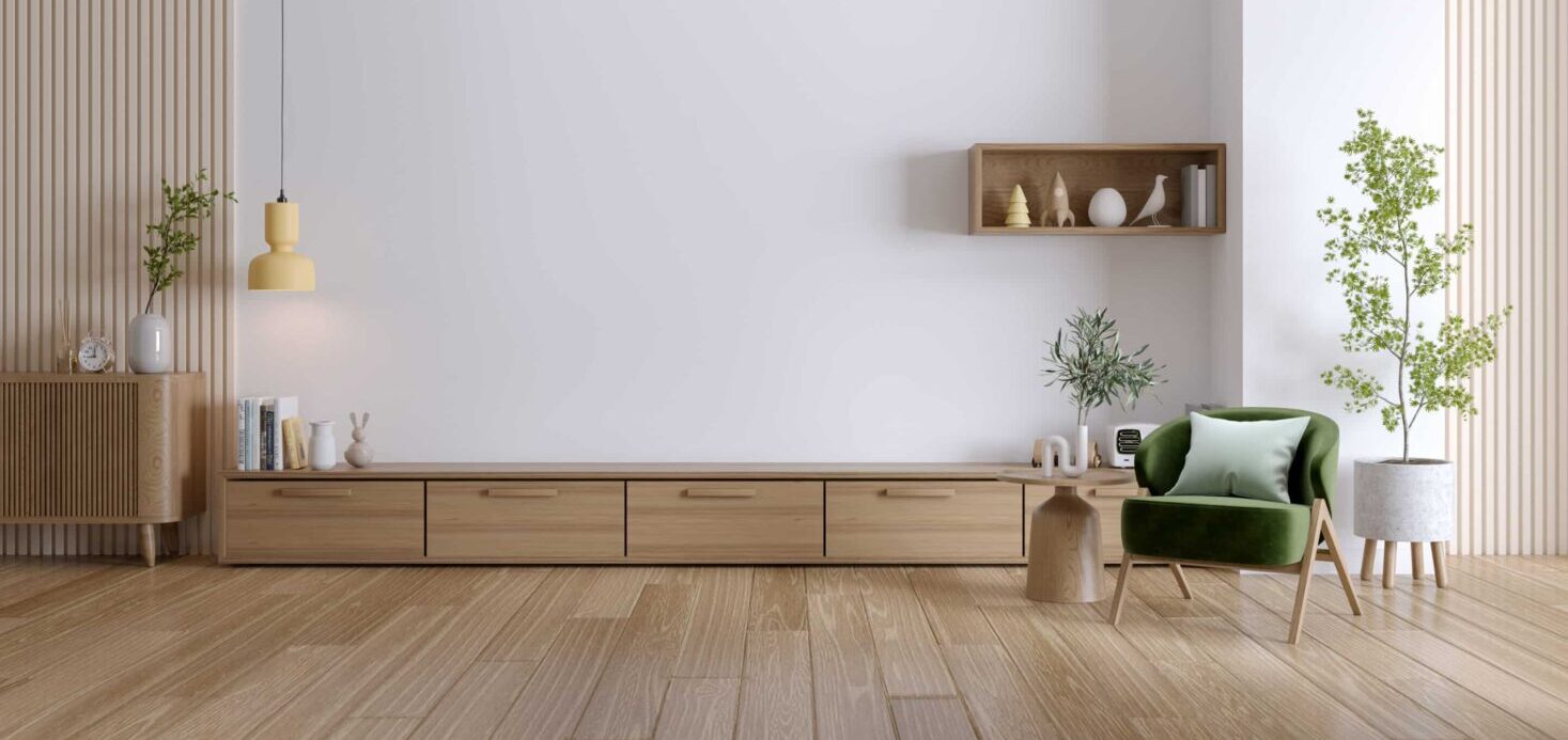 a light brown hardwood floor in a styled living room