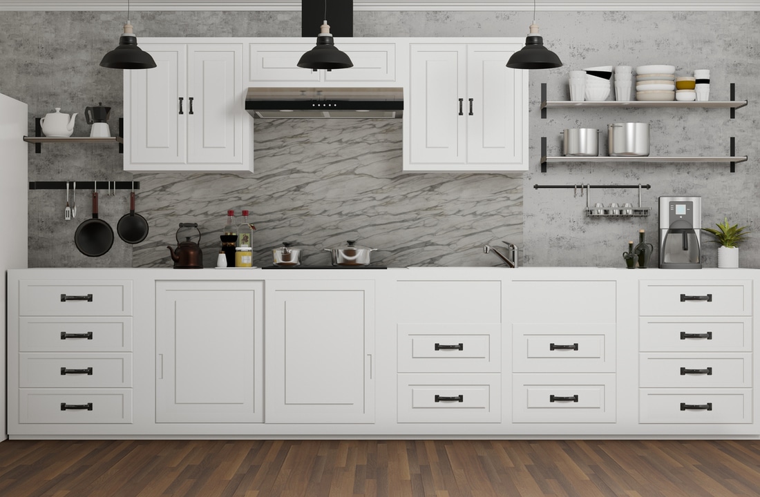 a modern kitchen with narrow plank flooring