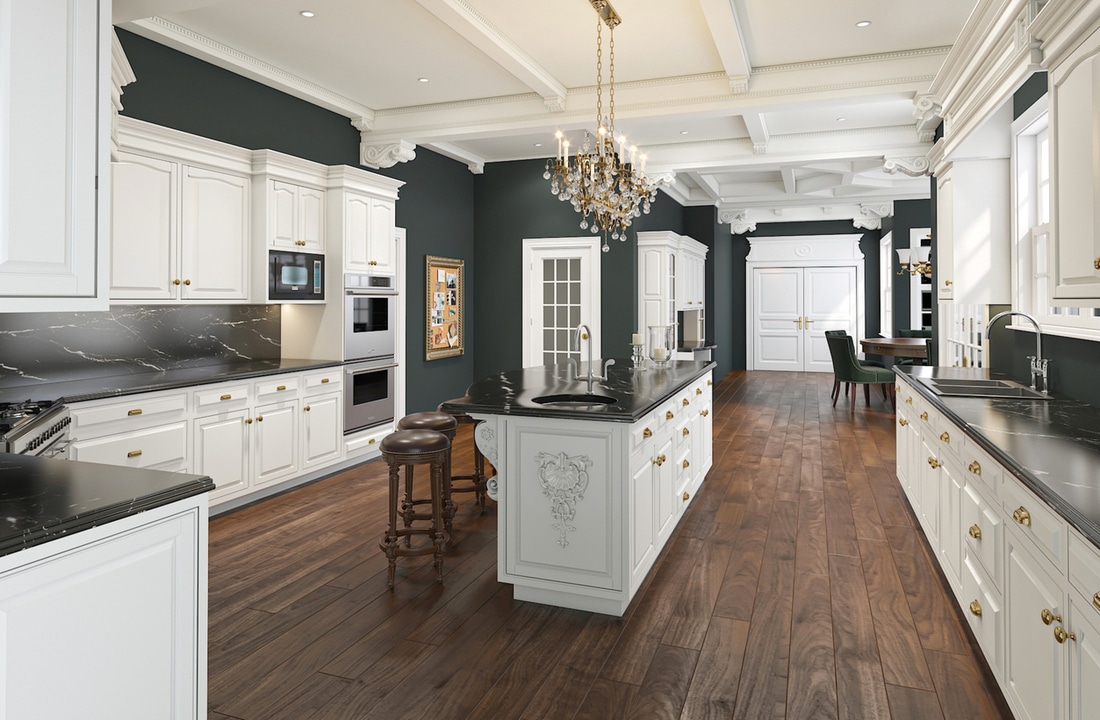 a modern kitchen with white cabinets and dark brown floors