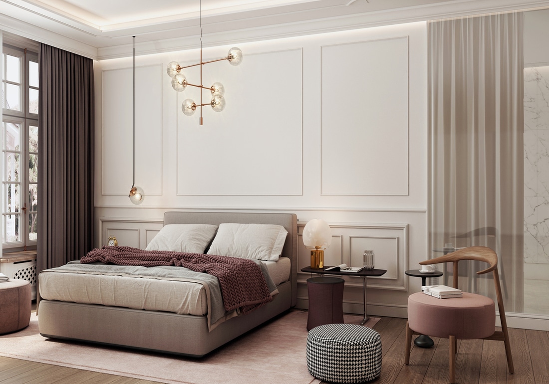 a bedroom with cream wall panels and dark wood laminate floors