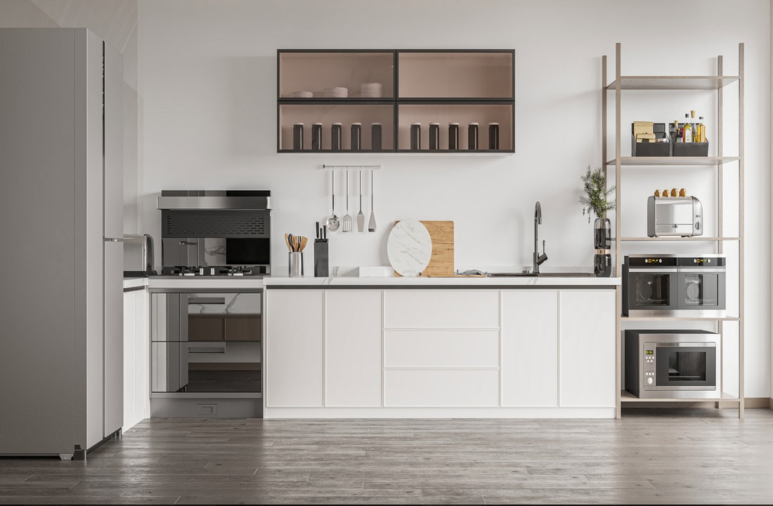 an industrial style kitchen with strip plank flooring and white cabinets