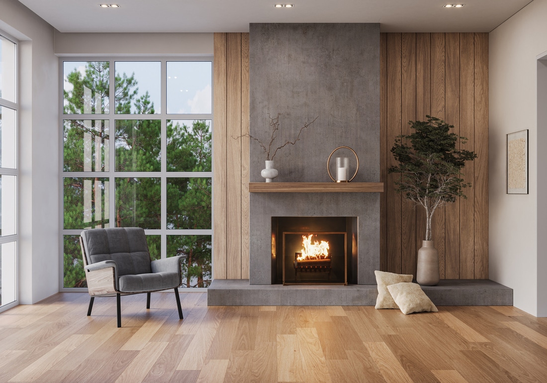 a living room with fireplace and laminate floors