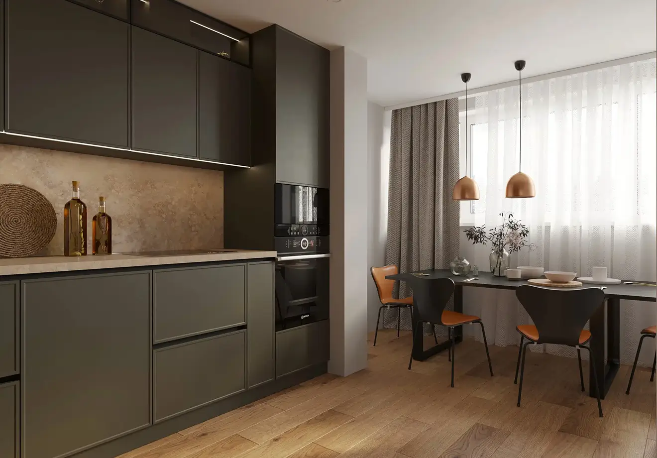 Waterproof oak-look laminate flooring in contemporary eat-in kitchen
