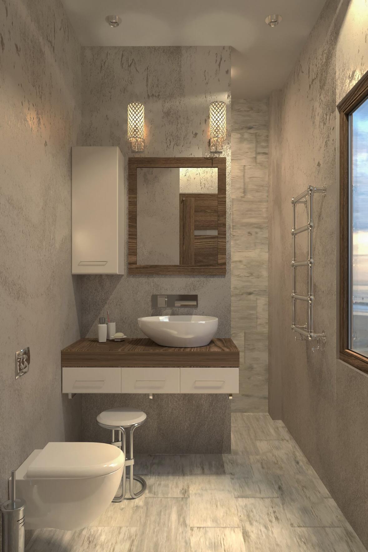 a small bathroom with gray marble look floor and wall tiles