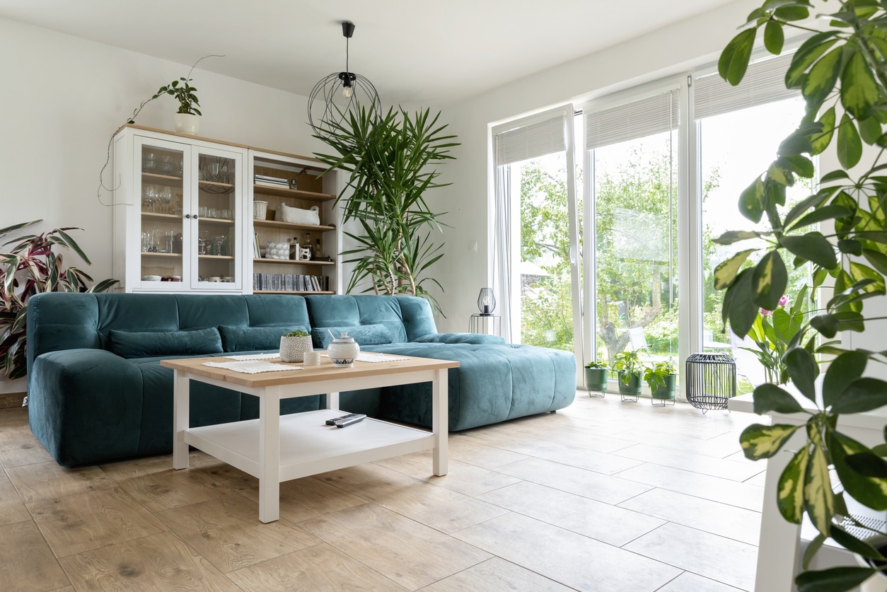 a living room with offset pattern luxury vinyl tiles (LVT)
