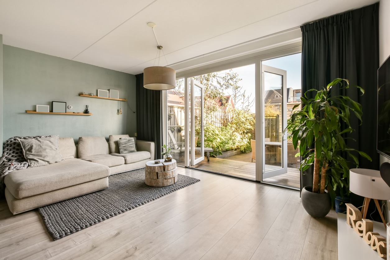 a modern lounge with running bond vinyl patterned floor