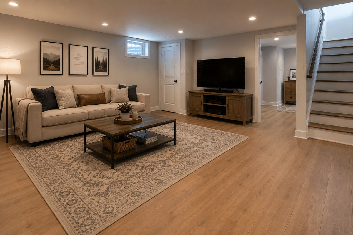 engineered hardwood installed over a concrete slab in a finished basement