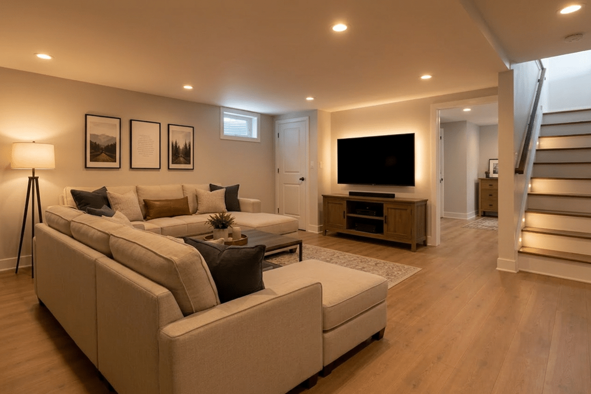 engineered hardwood installed over concrete slab in basement