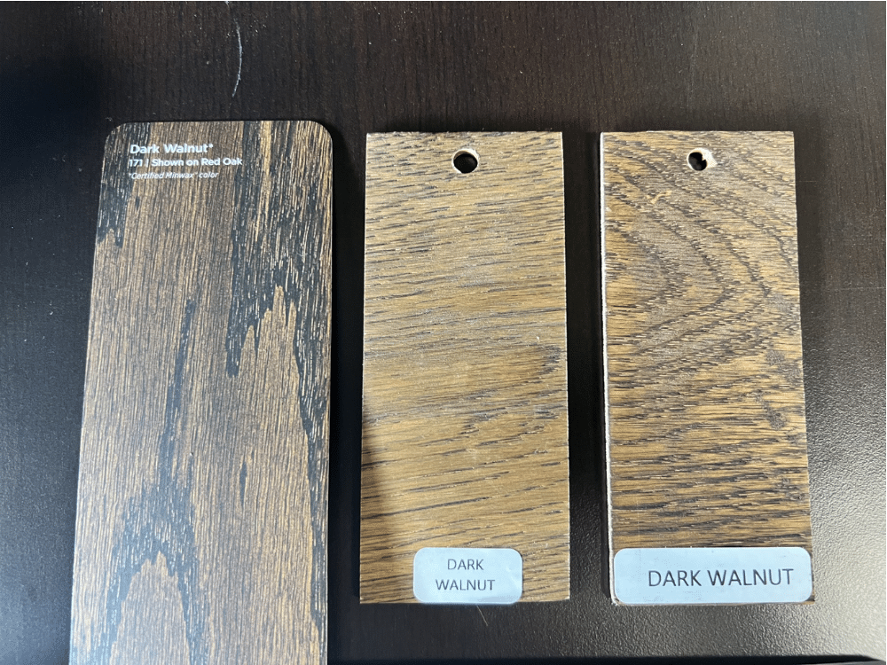 a printed swatch vs two real wood stain of the same kind applied to hardwood