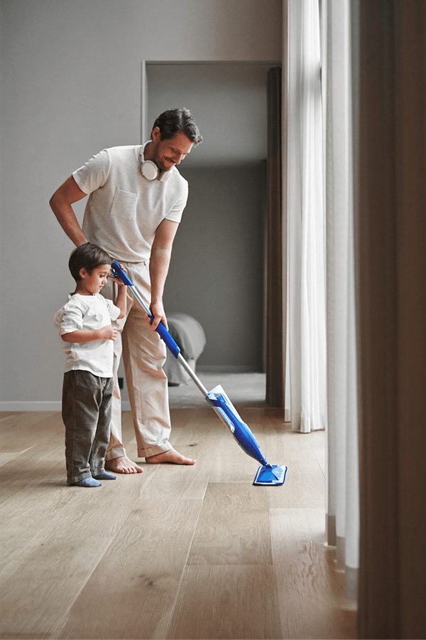 cleaning a wire-brushed hardwood floor with a microfiber mop
