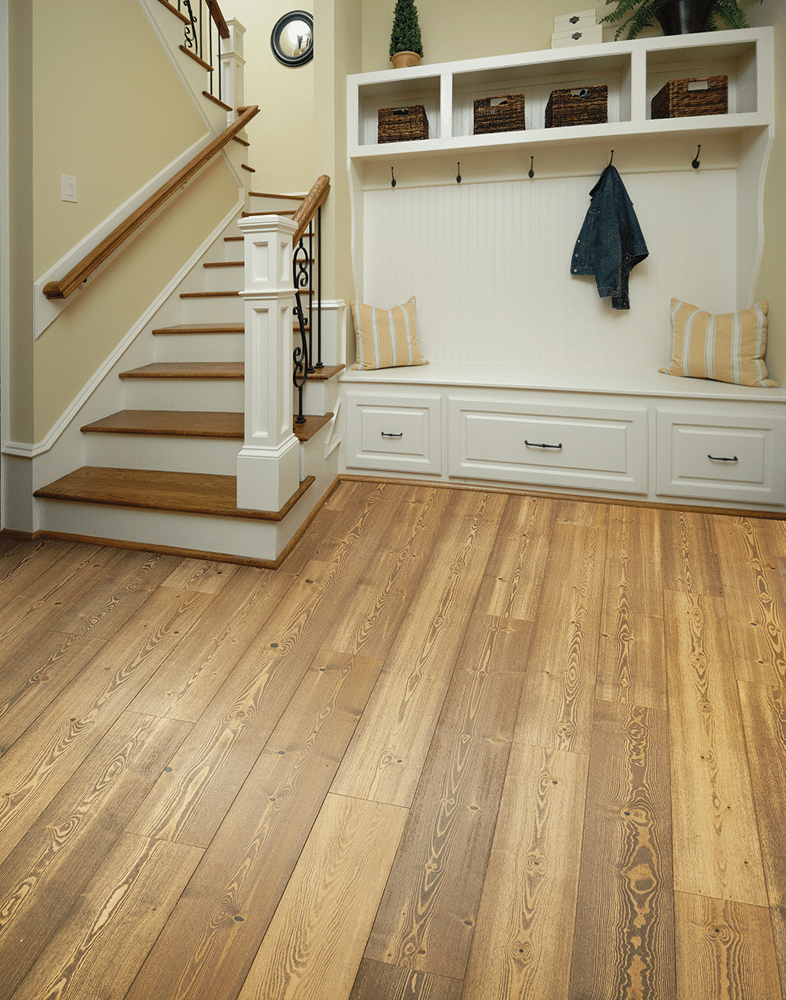 wirebrushed hardwood flooring in an entryway